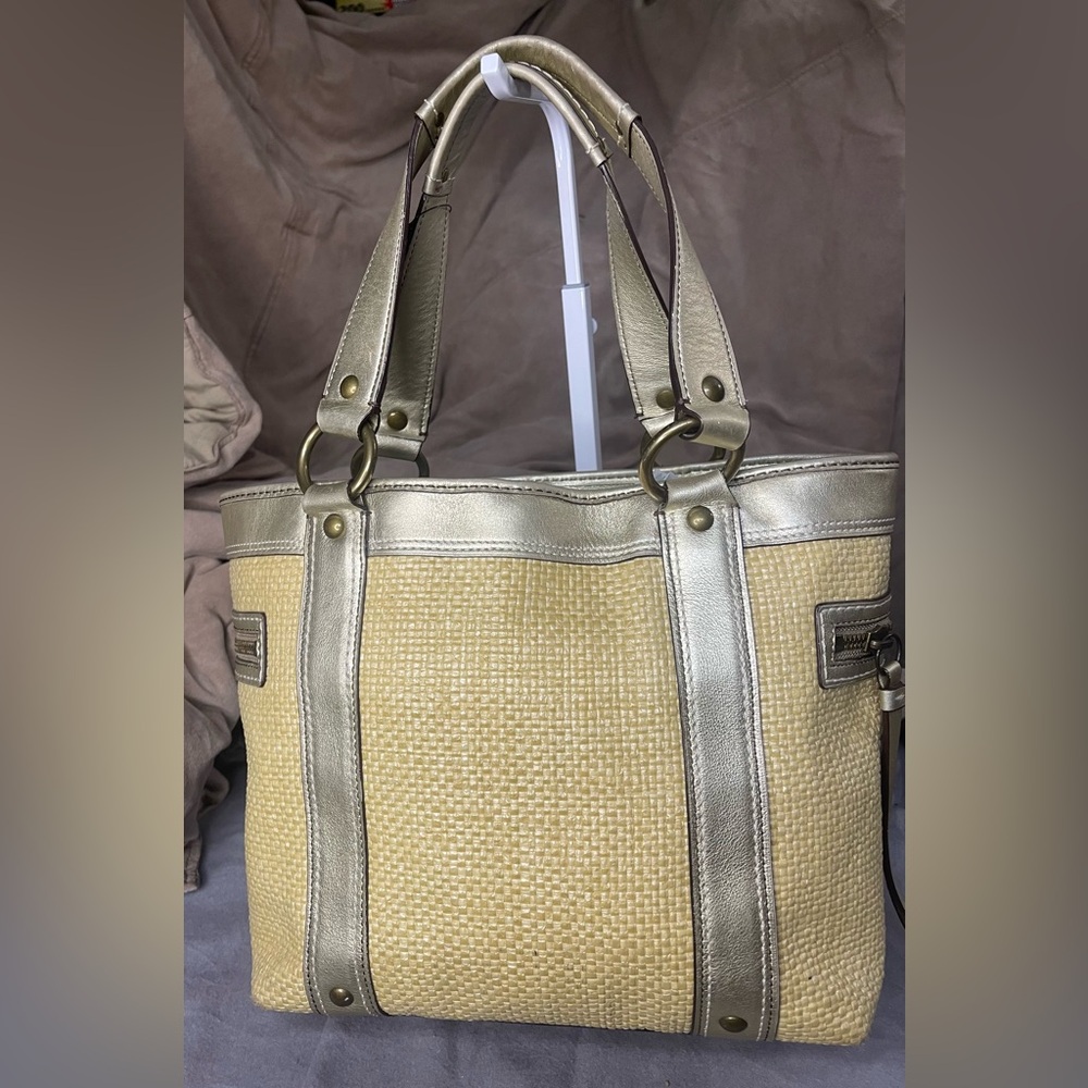 COACH Legacy Straw Purse Gold Leather Shoulder HandBag Tote Large L05K-113 - Picture 2 of 10